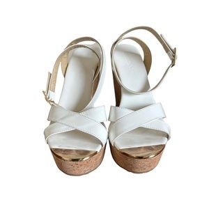 JIMMY CHOO WHITE PATENT LEATHER SANDALS CORK WITH WRAP AROUND